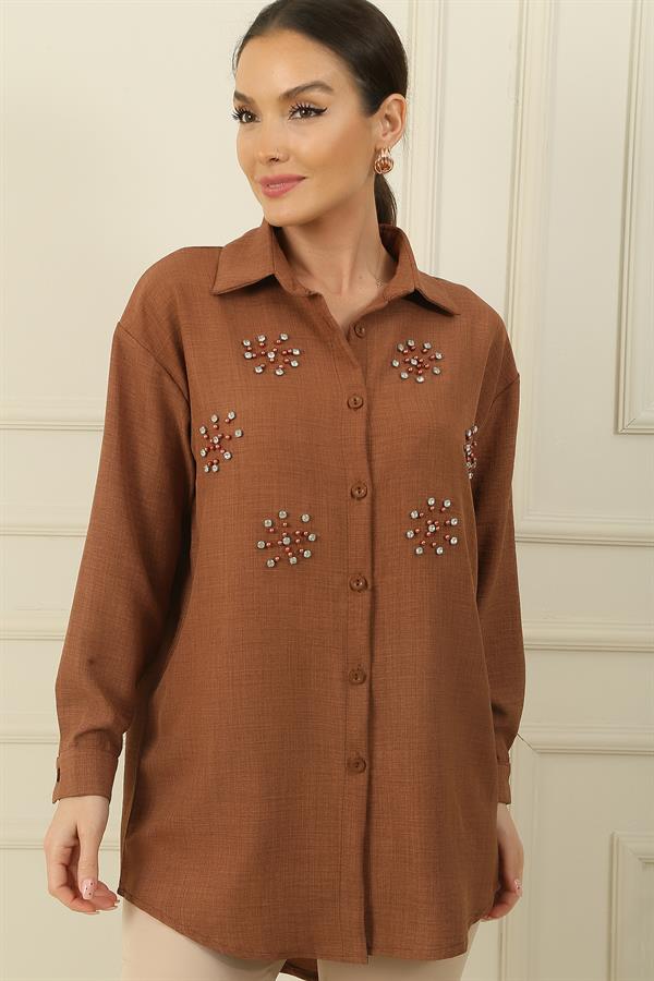 İnci-Taş Detaylı Keten Efekt Gömlek