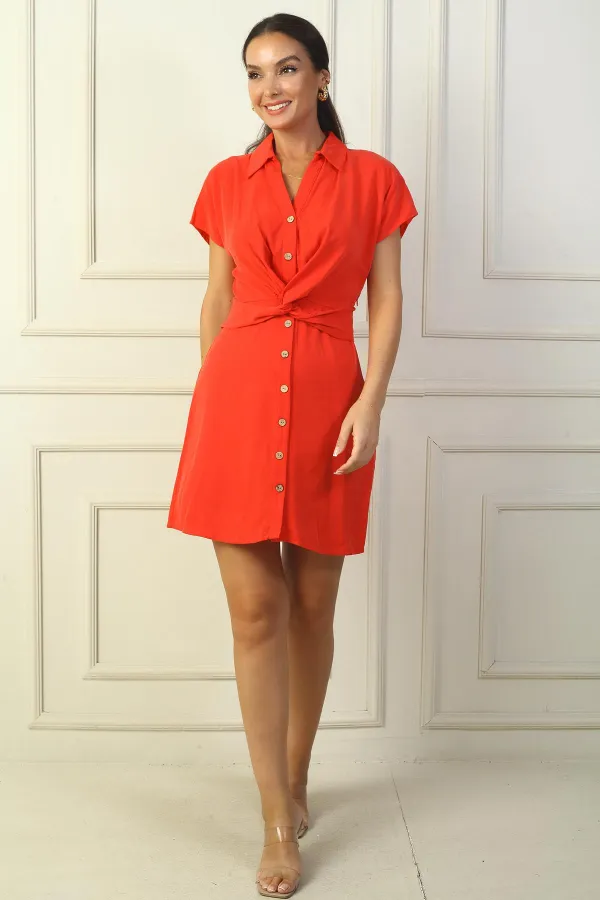 Kadın Önü Düğmeli Düğüm Detaylı Bel Lastikli Lyocell Pamuk Kısa Elbise
