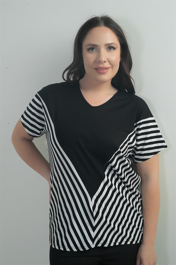 Women's V-Neck Stripe Detail Batwing Sleeve BB Blouse