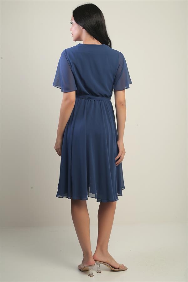 Women's Double-Breasted Flounce Sleeve Lined Chiffon Dress