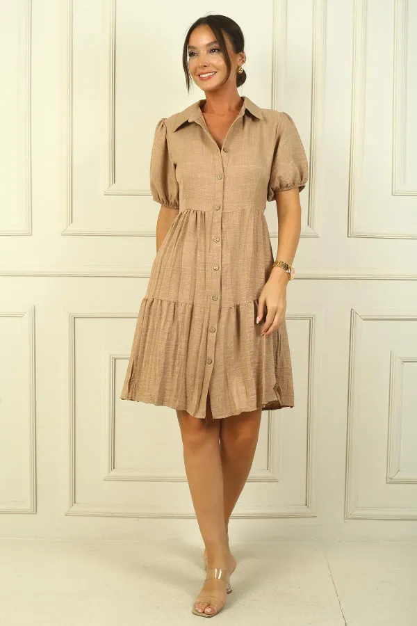 Linen-Effect Dress with Buttoned Front and Gathered Sleeves