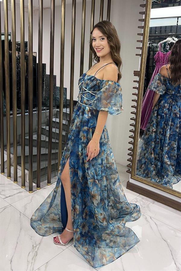 Kadın İnce Askılı Düşük Kollu Astarlı Önü Biye Detaylı Çiçekli Organze Uzun Elbise