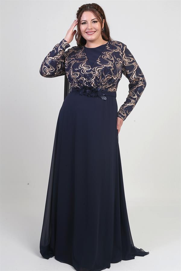 Kadın Kruvaze Yaka Görünümlü Pullu Astarlı Şifon Uzun B.B. Elbise