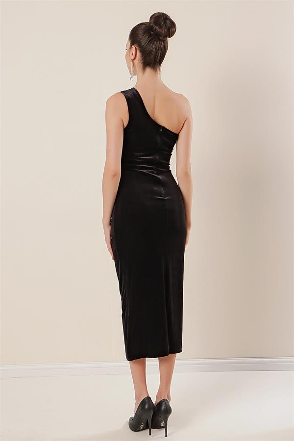 Tek Omuz Önü Büzgülü Kadife Elbise