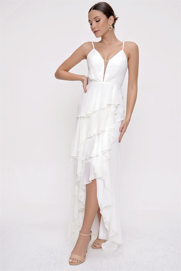 Robe longue en mousseline doublée à bretelles, volants et superpositions