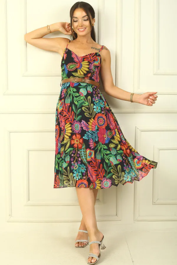 Chiffon Dress with Rope Straps, Belted Waist, Mixed Floral Pattern, Lined Pleated Skirt