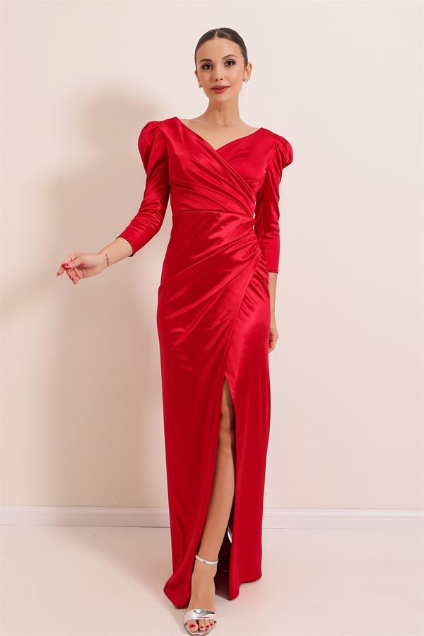 Kruvaze Yaka Yanı Büzgülü Astarlı Uzun Saten Elbise