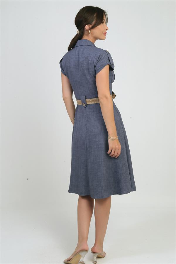 Kadın Yakalı Düşük Omuz Çift Cepli Kemerli Keten Efektli Elbise