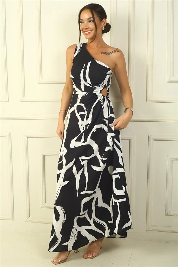 Kadın Tek Omuz Yandan Pencereli Karışık Desen Uzun Krep Saten Elbise