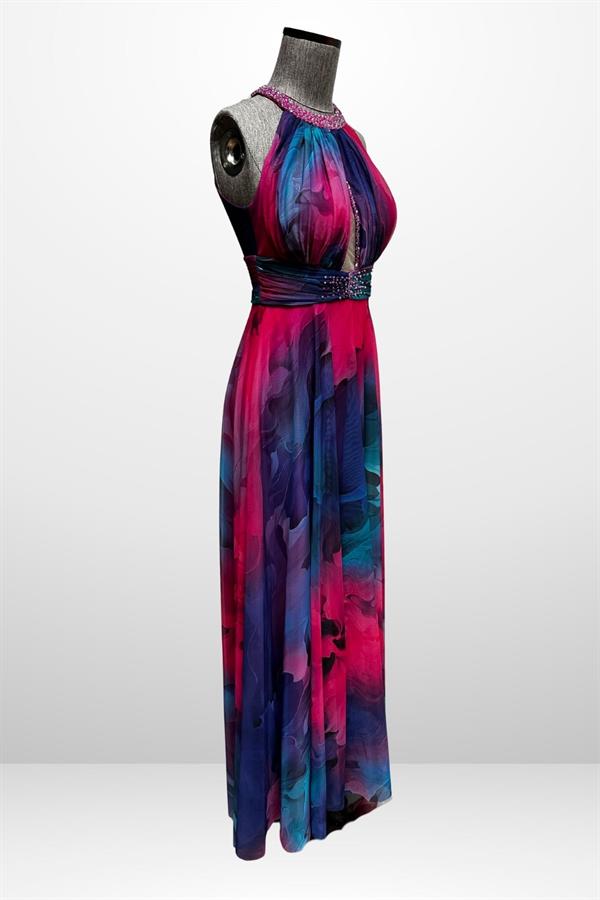 Robe longue en mousseline pour femme, drapée sur le devant, doublée, ornée de perles et de broderies florales.