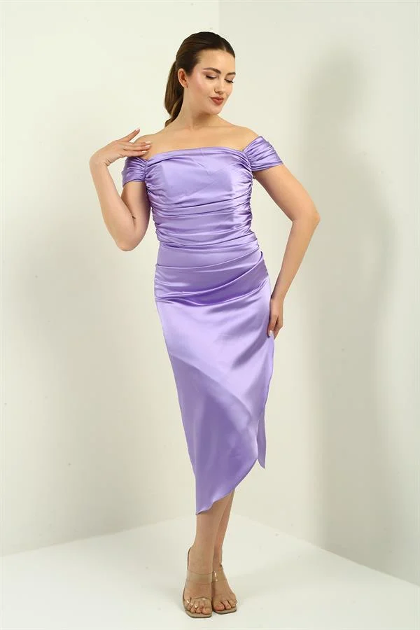 Women's Madonna Neckline Draped Asymmetrical Satin Short Dress
