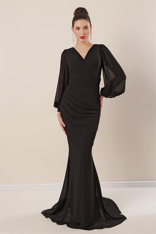 Wrap Neckline, Gathered Front, Lined Long Chiffon Dress