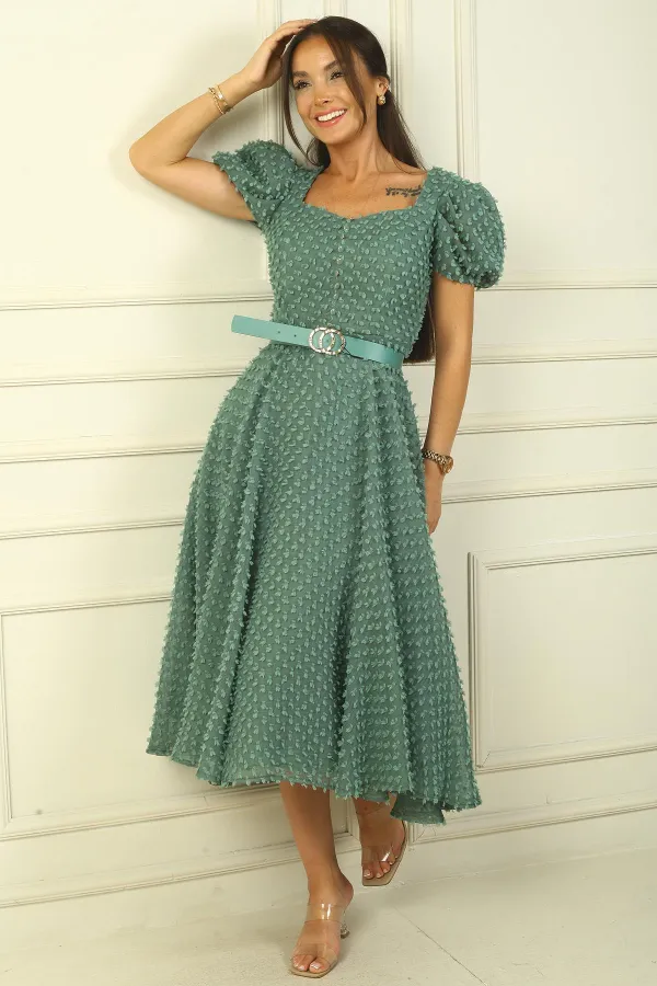 Balloon Sleeve Midi Length Lined Waist Belted Patchwork Fabric Dress