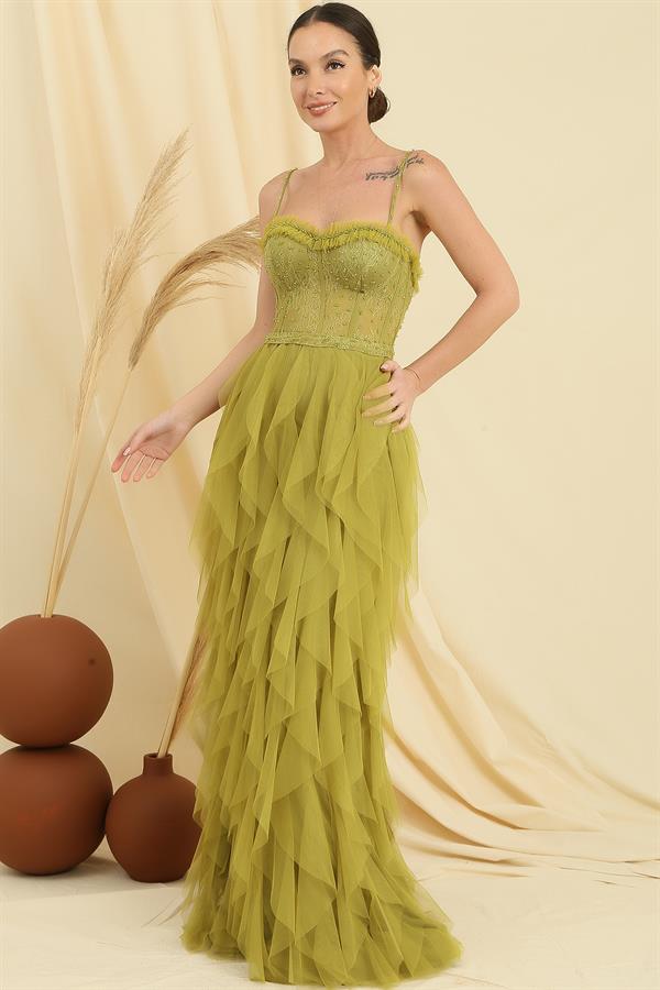 Beaded Strappy Strapless Handkerchief Dress with Fringed Lining and Long Tulle