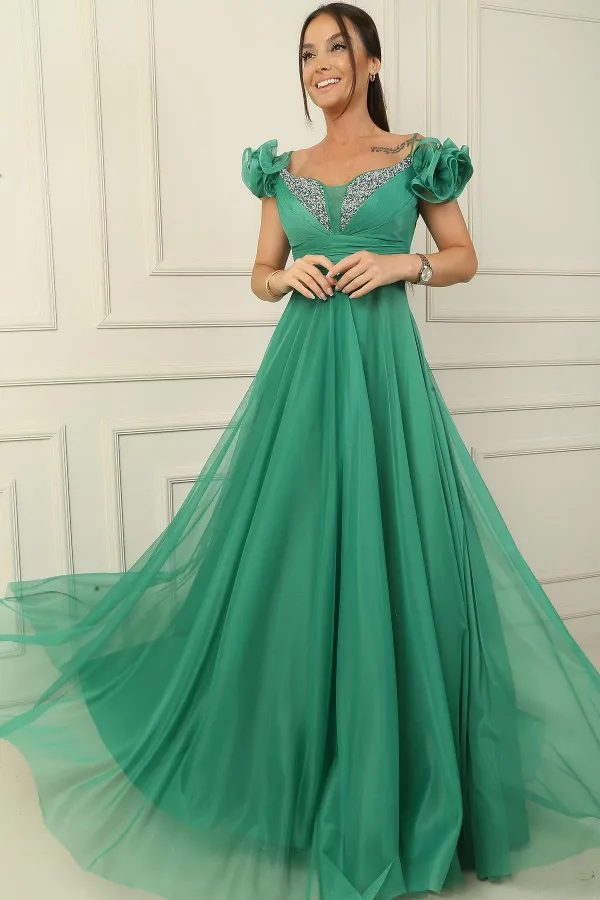 Ön Arka V Yaka İp Askılı Kısa Kollu Önü Taşlı Astarlı Uzun Tül Elbise