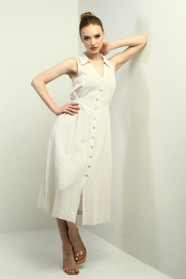 Kadın Polo Yaka Ön Pile Düğme Detaylı Midi Keten Elbise