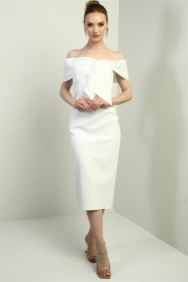 Kadın Saten Madonna Yaka Kendinden Telalı Midi Elbise