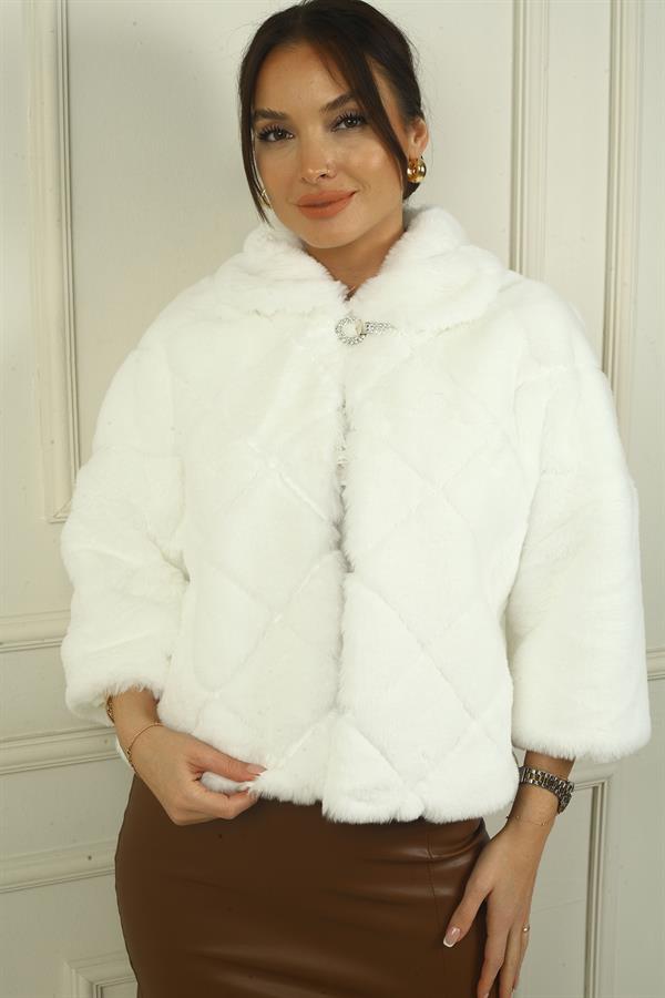 Kadın Tek Düğmeli Astarlı Baklava Desen Kürk Ceket