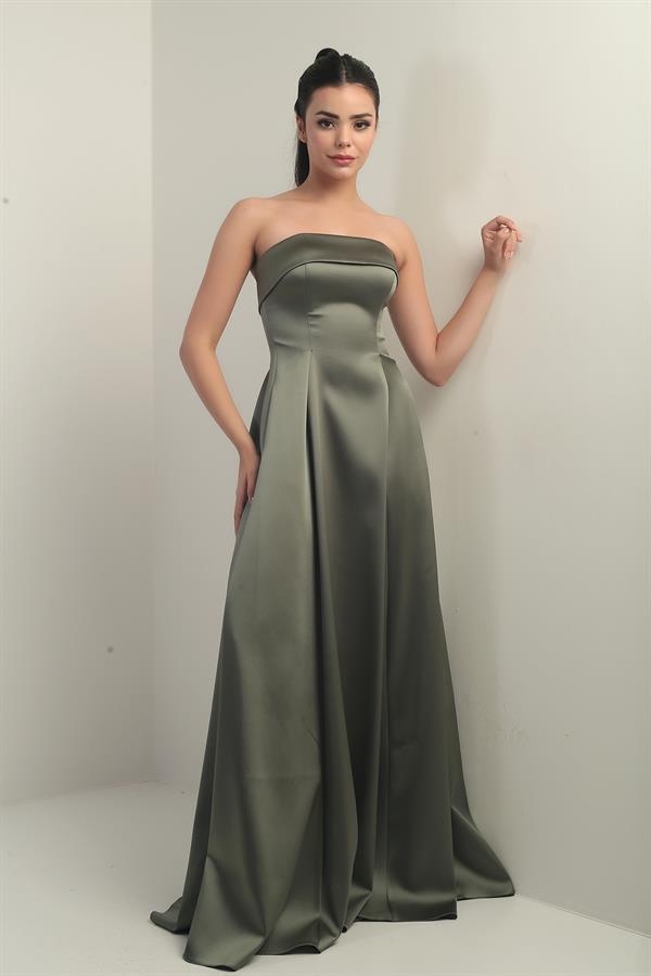 Kadın Straplez Astarlı Cepli Uzun Saten Abiye Elbise