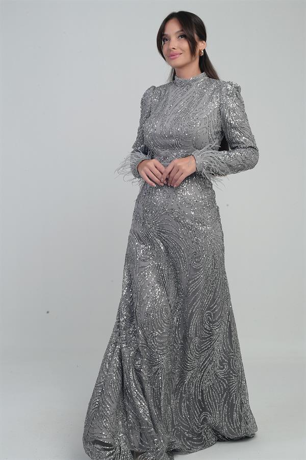 Robe longue en tulle pour femme avec manches à plumes, perles et sequins, et doublure