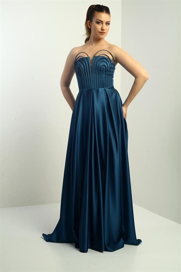 Women's Strapless, Lined, Front Underwire, Flared Long Satin Evening Dress with Pocket