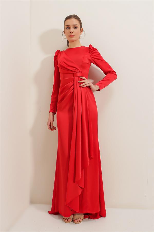 Long-sleeved satin dress with pleat detail at the front and lining.