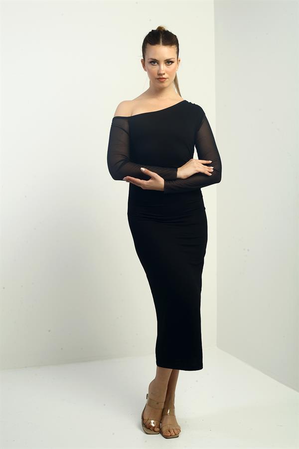 Kadın Kristal Tül Kollu Beli Büzgülü Uzun Elbise