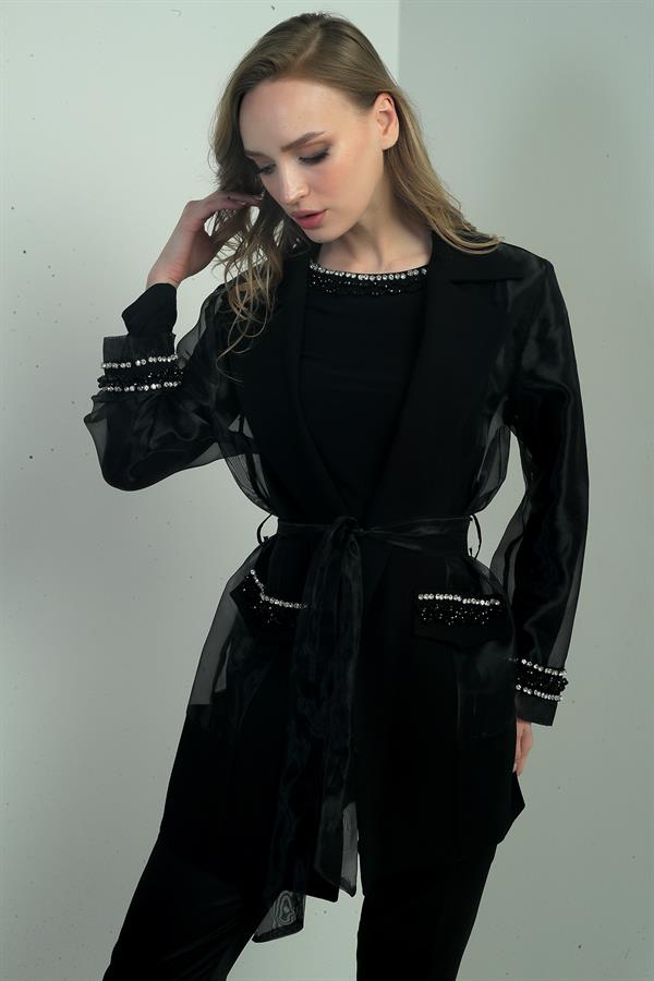 Kadın Organze Taş Boncuk Detaylı Kuşaklı Ceket Bluz 2'li Takım
