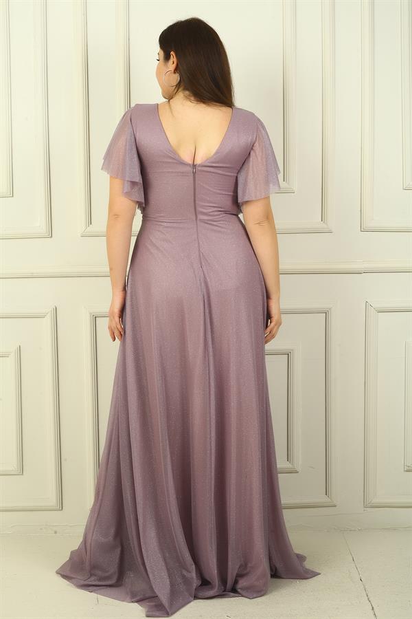 Kadın Ön Arka V Yaka Beli Taş İşlemeli Astarlı Simli Büyük Beden Abiye Elbise