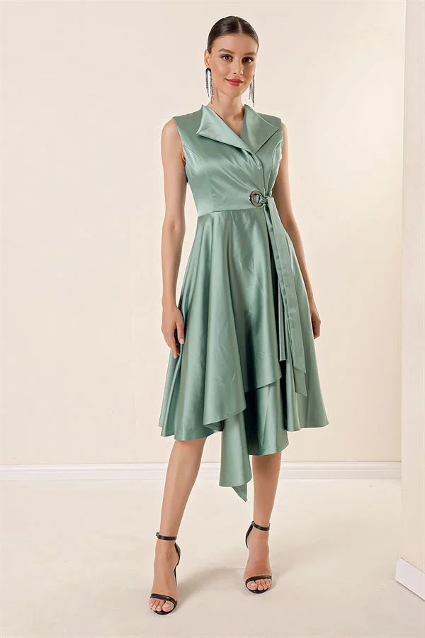Wrap Neckline Lace-up Satin Dress