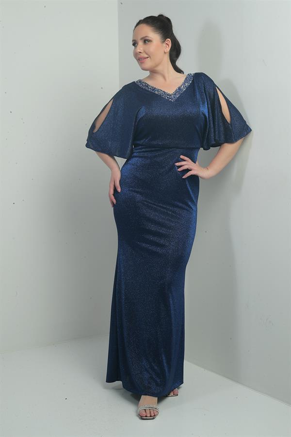 Robe longue pailletée grande taille pour femme, ornée de détails sur le devant et le dos, décolleté en V, doublée, manches chauve-souris et décolleté plongeant.