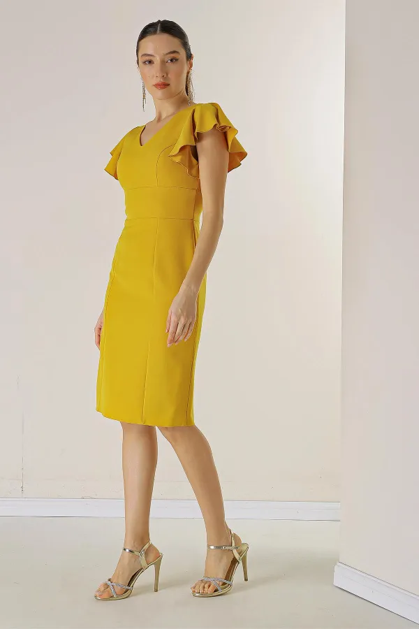 Ön Arka V Yaka Kolları Volanlı Astarlı Krep Elbise