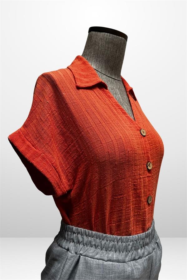 Kadın Polo Yaka Kendinden Desenli Keten Gömlek