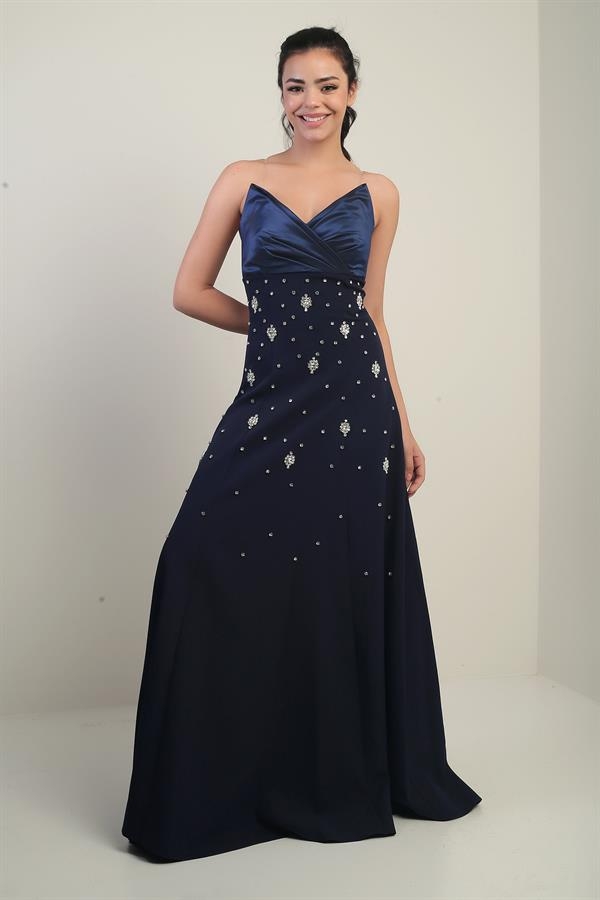 Robe longue évasée sans bretelles en taffetas pour femme avec double épissure de pierre