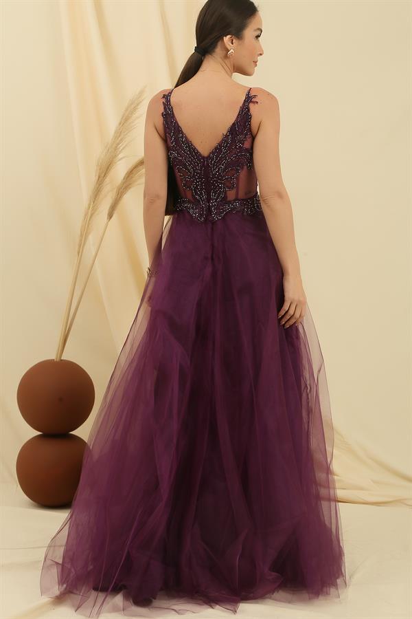Strappy Long Tulle Dress with Guipure Bead Details and Lining