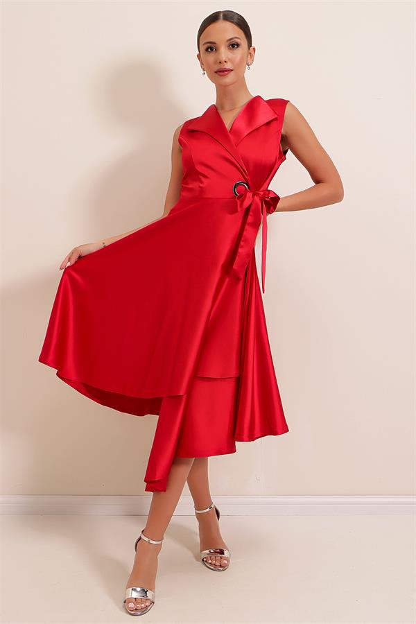 Wrap Neckline Lace-up Satin Dress