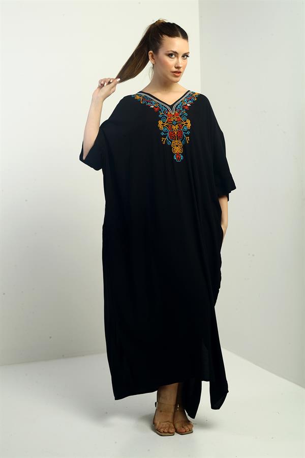 Robe longue oversize à col en V et poches brodées pour femme