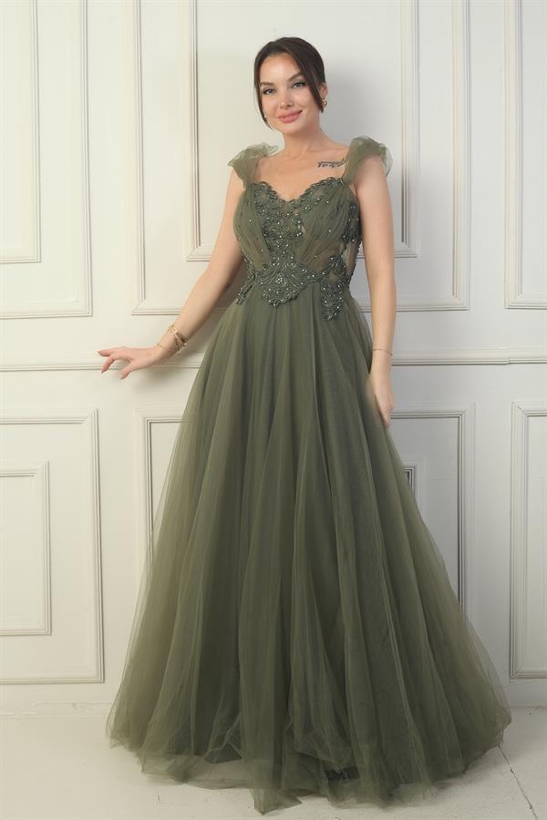 Kadın Ön Arka V Yaka Astarlı Düşük Kollu Üstü Aplike İşleme Prenses Abiye Elbise