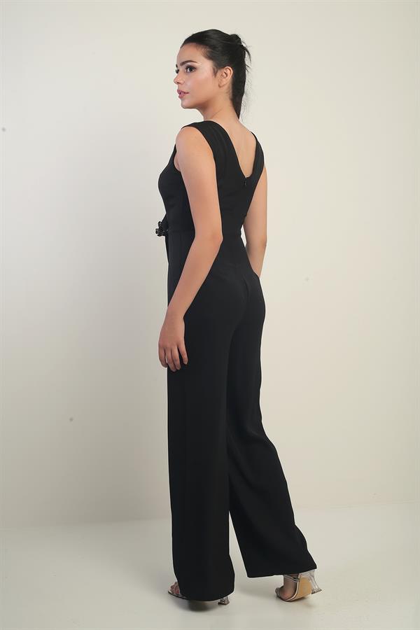 Kadın Ön Arka V Yaka Üst Yelek Görünümlü Bol Paça Tulum