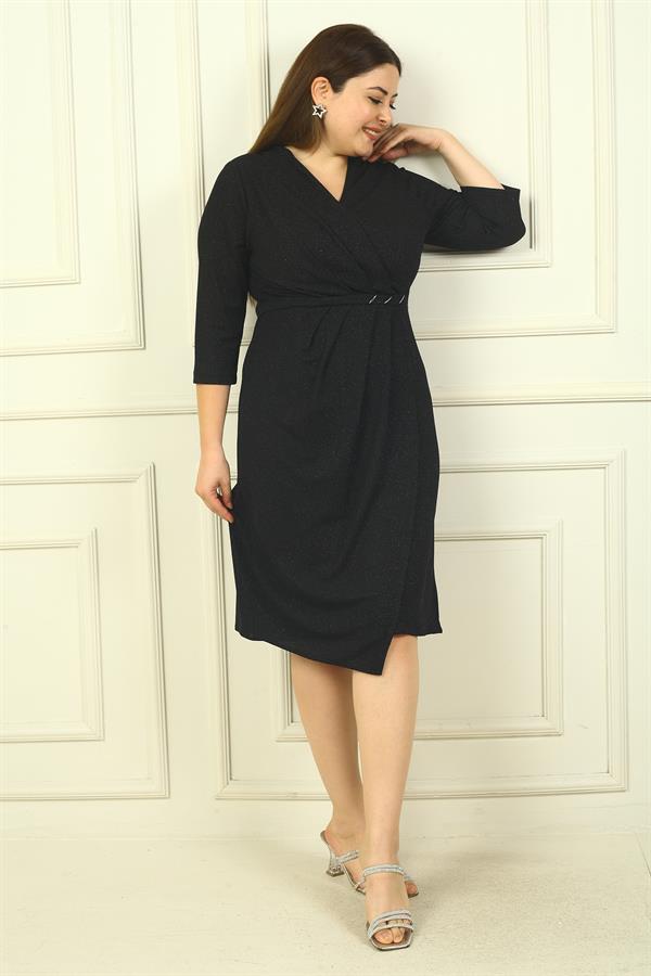 Kadın Kruvaze Yaka Uzun Kollu Astarlı Pileli Beli Aksesuar Detaylı Büyük Beden Simli Kısa Elbise