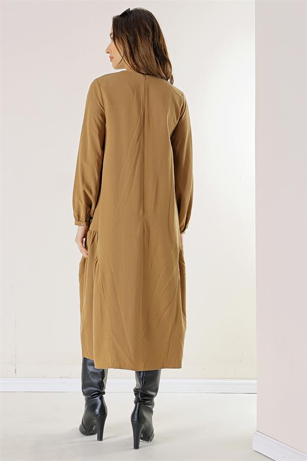 Buttoned Sleeve, Pocketed, Ruffled Lyocell Dress