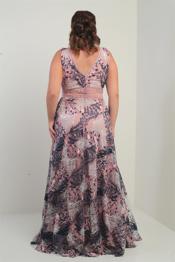 Kadın V Yaka Kalın Askılı Beli Dekolteli Nakışlı Uzun Kloş B.B. Elbise