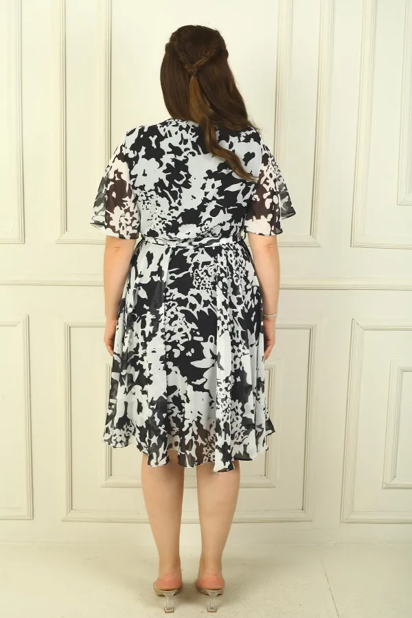 Women's Double-Breasted Collar Flounce Sleeve Lined Waist Belted Large Rose Chiffon Dress