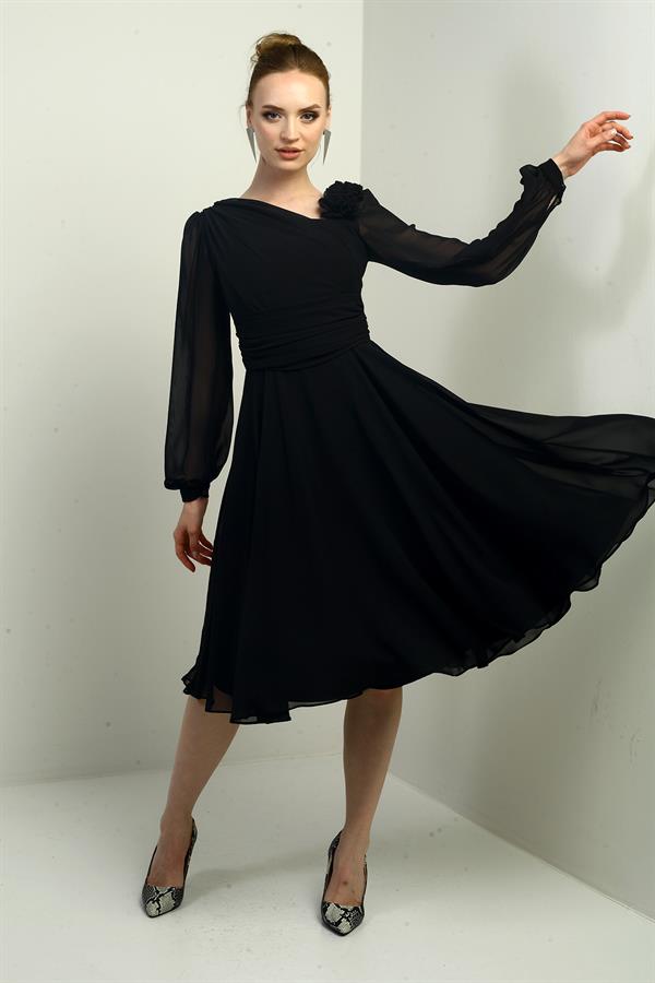 Robe midi en mousseline doublée à manches longues et détails floraux pour femme