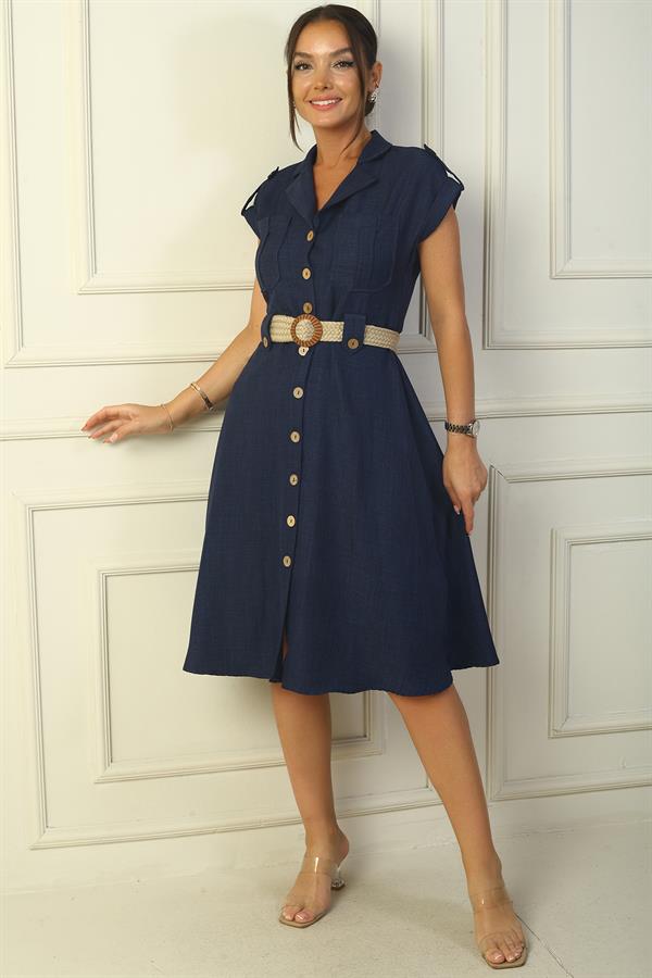 Women's Collared, Off-Shoulder, Double-Pocket, Belted Linen-Effect Dress