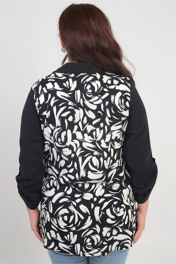 Kadın Kol Katlamalı Fırça Desenli Cep Kapaklı Büyük Beden Gömlek