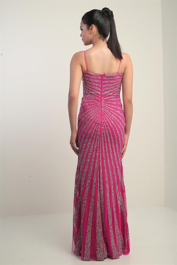 Kadın İp Askılı Flok Taş Baskılı Astarlı Tül Uzun Elbise