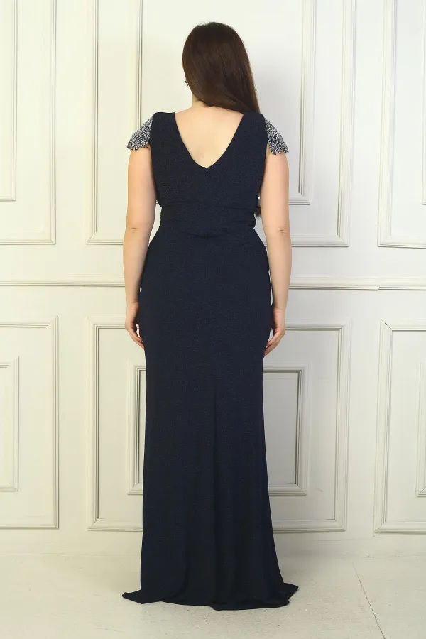 Ön Arka V Yaka Kol Ve Bel Taş Detaylı Astarlı Drapeli Simli Büyük Beden Likralı Uzun Elbise