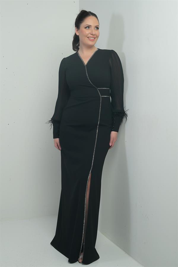 Robe longue BB pour femme avec manches en mousseline, détails en plumes et pierres ornementales