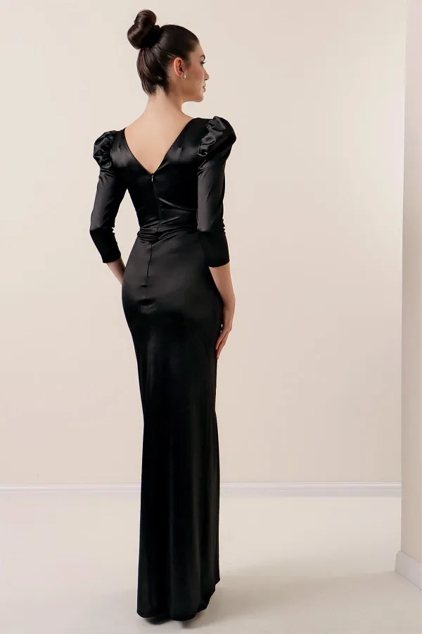 Kruvaze Yaka Yanı Büzgülü Astarlı Uzun Saten Elbise